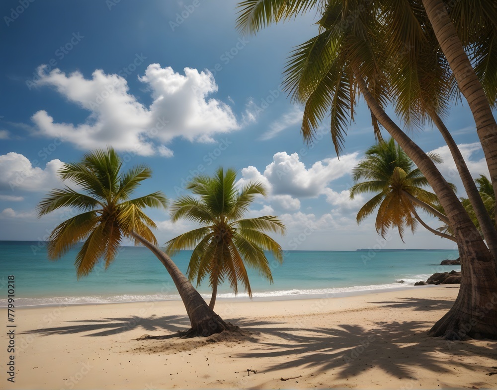 The leaves of palm trees on Sunny tropical beach. Summer vacation and tropical beach background