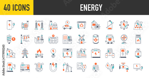Energy icon set. Such as renewable energy, ecology, green electricity, pump, oven, smartphone, trash bin, refinery, coal, plug, oil, nuclear, gas cylinder, hydro, battery, power icons vector.	