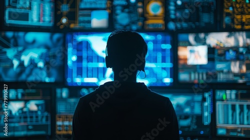 A person is looking at a computer monitor with many screens. The person is wearing headphones and he is focused on the screens. The screens are displaying various data and information photo