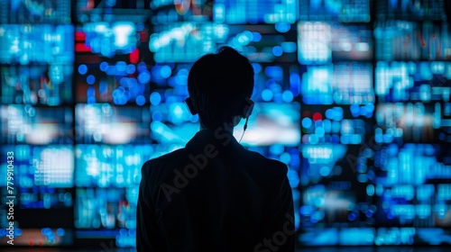 A man is looking at a computer screen with many different screens. The screens are all blue and the man is wearing a suit. Scene is serious and focused