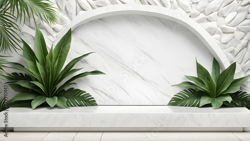 This image of a modern stage made of stone surrounded by tropical tree leaves is great for business presentations. photo