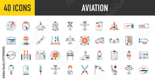 Airport icons set. Such as aviation, takeoff, runway, balloon, landing, monitors, aircraft, radar, helicopter, window, turbine, ladder, hangar, monoplane, control, door, seat vector icon illustration