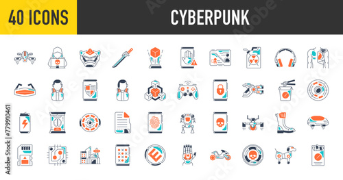 Cyber punk icon set. Such as protection, secured network, drone, mask, screen, noodles, gun, implant, hand, database, headphone, corporate, aircraft, katana, hacker technology vector icons. 