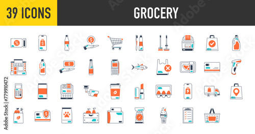Grocery icons. Such as store, sales, delivery, consumer, basket, dairy, meat, bread, vegetables, fruits, bag, refund, trolley, coupons, payment, food, wishlist, softdrink, vector icon illustration.