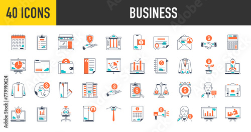 Business icons set. Such as finance, money, bank, contact, infographic, report, graph, briefcase, portfolio, deal, coin, b2b, statistics, agreement, payment, meeting vector icon illustration