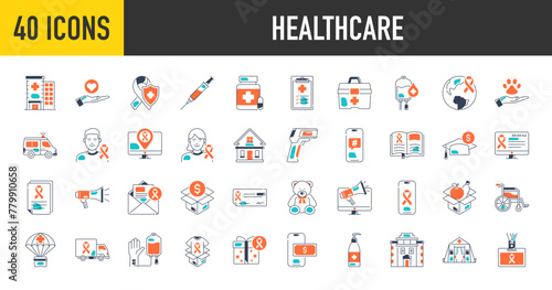 Healthcare icons set. Such as medical, emergency, x ray, mri, doctor, lab, virus, prescription, syringe, hospital, dropper, 	heart, donation, thermometer, ambulance, shield vector icon illustration
