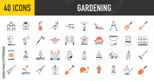 Gardening icon set. Such as ladder, gazebo, street lamp, bee, pitchfork, shed, cactus, flamingo, hose, axe, bench, bonsai, ladybug, snail, sunflower, bird, house, boots, bucket vector icons.