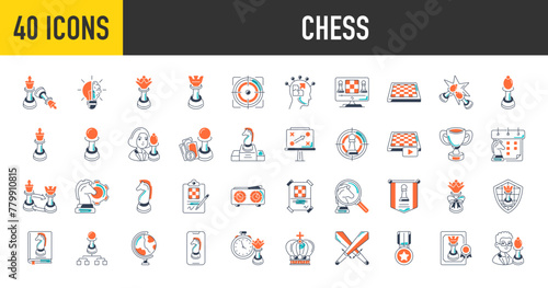 Chess vector icons set. Such as queen, strategy, checkmate, lose, board, clock, player, king, rock, pawn, castling, clipboard, gift, knight, schedule , shield, tournament, award, flag icon.