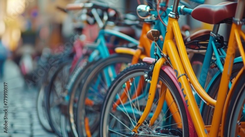 A row of colorful bicycles are parked next to each other. The bikes are of different colors and sizes, and they are all lined up in a row. The scene gives off a sense of organization and order