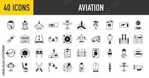 Airport icons set. Such as aviation, takeoff, runway, air balloon, landing, monitors, aircraft, radar, helicopter, window, turbine, ladder, hangar, monoplane, control, door, seat vector illustration