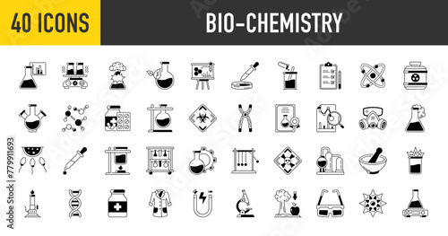 Biochemistry icons set. Such as science, dish, molecular, experiment, physics, botany, lab, coat, microscope, certificate, chemical, pills, test, dna, research, analysis, atom vector illustration icon