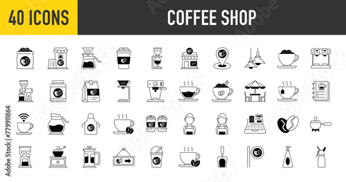 Coffee shop icons set. Such as beans, dripper, pack, paper cup, table, syphon, syrup, menu, cappuccino, apron, bartender, cashier machine, beans, grinder, latte, mill, pot, espresso, vector icon.
