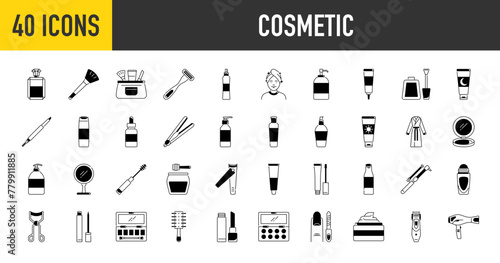 Cosmetic icon set. Such as makeup, perfume, bag, eyelash, mascara, eyeliner, conditioner, hair, treatment, face, cleanser, cream, spray, brush, razor, nail, polish, moisturizer, bathrobe vector icons.