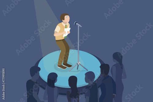 3D Isometric Flat Vector Illustration of Fear Of Public Speaking, Anxious Worried Speaker