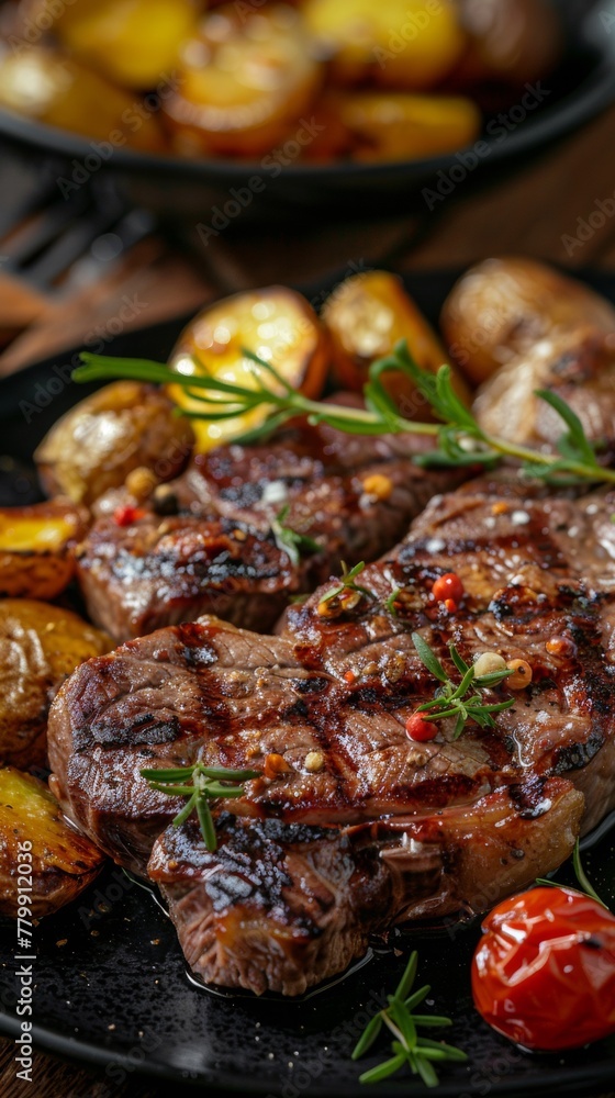 A plate of steak and potatoes on a black table with rosemary, AI