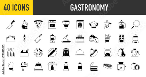 Gastronomy icons set. Such as apple, steak, menu, oyster, fast food, lemon, coffee beans, gin, lime, lemon, taco, chef, knife, leg, hot dog, lamb, cutlery, cake, blender, butter vector illustration
