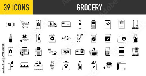 Grocery icons. Such as store, online sales, delivery, consumer, basket, dairy, meat, bread, vegetables, fruits, paper bag, refund, trolley, coupons, payment, food, wishlist, softdrink, edc vector icon