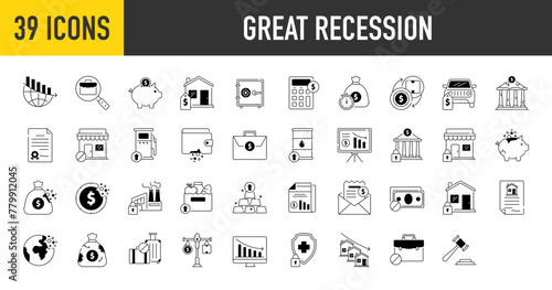 Great recession and economic crisis icon set. Such as decrease, layoff, job, coin, pay cuts, low cost, global economy, car, food travel, money, house, law, shop, earth, property vector illustration.	
