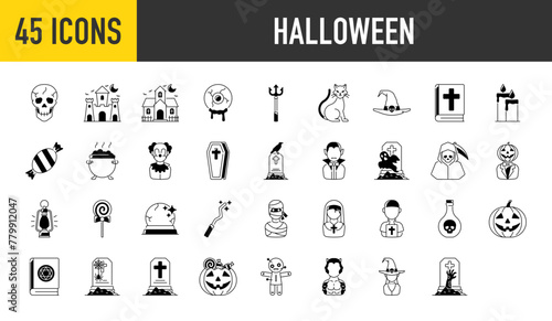 Halloween icon. Such as angle of death, mask of murderer, bat, ghost, house, owl, candle, black cat, candy, wolf, skull, bible, crow, zombie, lantern, castle, clown, coffin vector icon illustration	
