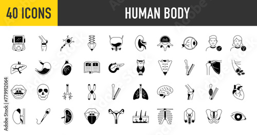 Human body parts and organs icons set. Such as shoulder, liver, heart, x ray, sperm cells, eye, testicle, spinal cord, lungs, broken bone, pelvis, blood, neuron, bladder, kidney vector illustration	
