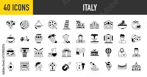 Italy icons set. Such as tourism and culture, salami, tomato, coffee, fountain, cheese, chef, colosseum, column, cloche, drum, gelato, grape, handbag, balloon, keg, mardi gras vector illustration.	
