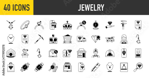 Jewelry icons set. Such as ring, necklace, bracelet, online store, wristwatch, truck, pickaxe, caliper, shopping bag, helmet, diamond, mine cart, delivery, pickaxe, caliper, crown, pearl, miner icon.

