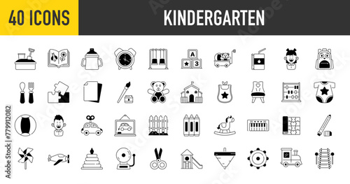 Kindergarten Icons set. Such as book, puzzle, clock, mat, train toy, girl, car, baby, cloth, keyboard, crayon, scissors, sandbox, juice box, abacus, bib, chair, ball, block vector illustration	
