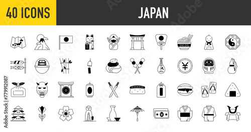 Japan icon set. Such as maneki neko, wind chimes, map, sake, onigiri, fuji mountain, kabuki, helmet, stones, sushi, daruma, bamboo, coin, dango, drink, geta, gong, katana vector icons illustration.	
 photo