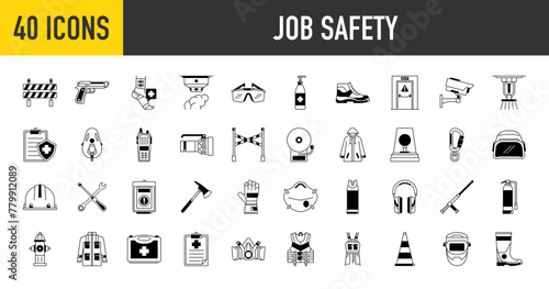 Job safety and protection icon set. Such as detector, glasses, repair tools, shoes, bandage, oxygen mask, insurance, gun, ear protection, emergency exit, cctv, first aid kit, coat vector illustration.