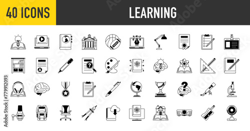 Learning icons set. Such as education, elearning, video tutorial, knowledge, study, school, university, webinar, online education, bookcase, question, student card, idea, sport vector illustration	