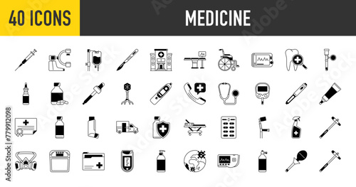 Medicine vector icons. Such as gel, Inhaler, syrup, syringe, hospital, x ray, eye dropper, iv bag, certification, stethoscope, virus, drug, oximeter, glucose meter, emergency call vector illustration.