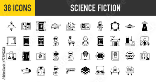 Set of science fiction Icons. Such as comic, spaceship, dimensions, tank, samples, blog, green screen, teleportation, movie, healing, ufo, spy, blaster, alien, android vector icon illustration	
