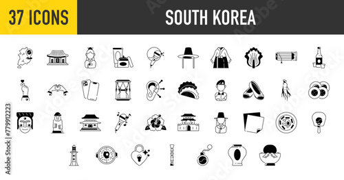 Set of south korea icons. Such as anok, hat, korean, kimchi, fan, mask, ginseng, bibimbap, gayageum, gimbap, hwaseong, key chain, hanbok, kpop, komusin, lighthouse, love vector icon illustration.
