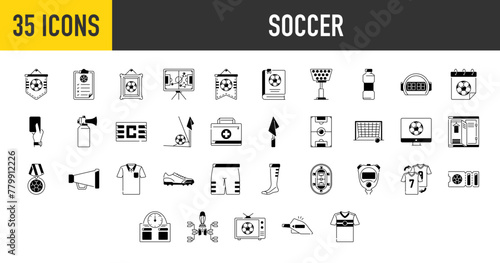 Set of soccer football icons. Such as captain, team flag, card, analyst , air horn, goal post, jersey, medal, megaphone, referee, shoes, stadium, stopwatch,  score board vector icon illustration.