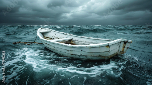 An empty, overturned boat in stormy seas, symbolizing challenge and obstacle without a survivor in sight.