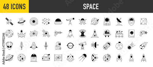 Space icon set. Such as spaceship, satellite, big bang, stars, planetarium, cosmos, alien, spaceship, galaxy, wormhole, astronaut blackhole and more vector icons illustration.
