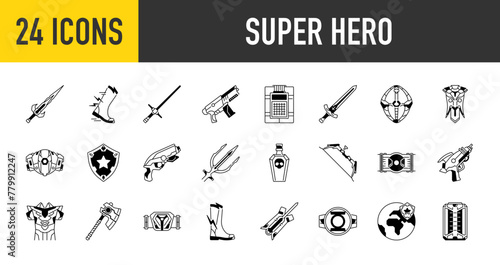 Super hero icon set. Such as as gun, weapon, sword, radioactive, medieval, mace, game assets, bow, shield, ring, blaster, boots, armor and more icons. Weapons vector illustration. 