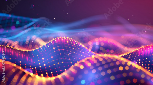 Abstract waves with particulates light, nano carbon fiber ,Abstract background ,Neon lights form an intricate nexus against a dark backdrop
 photo