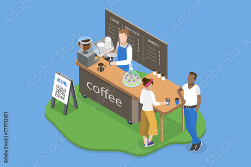 3D Isometric Flat Vector Illustration of Street Food Festival, Coffee to go Booth