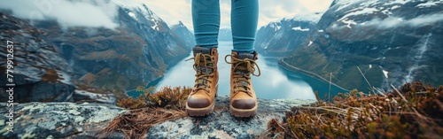 Scenic Mountain Lake Hike: Woman Resting on Rock with Panoramic View of River Fjord and Nature Landscape in Hiking Shoes