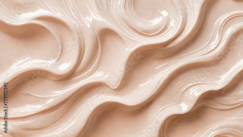 Texture of moisturizing beige cream with abstract smooth waves with curls. Moisturizing face cream in light pastel tones. Smooth shiny surface.