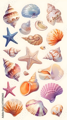 Diverse Seashell and Coastal Elements Clipart Collection