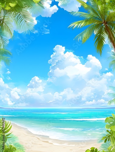 Stunning Tropical Beach Scene with Palm Trees and Turquoise Ocean under Bright Blue Sky