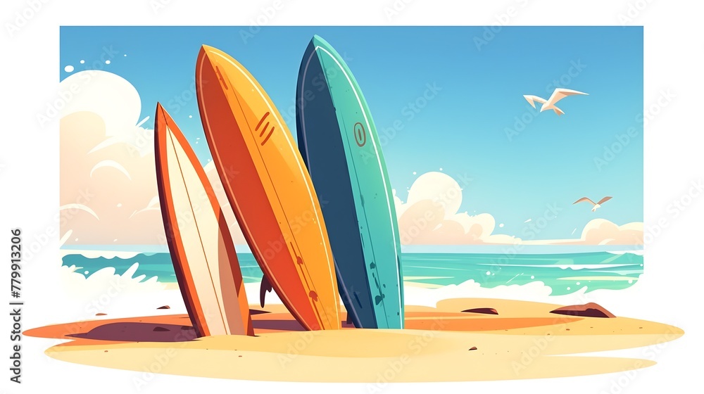 Vibrant Surfboard Collection on Sunny Beach with Ocean Backdrop