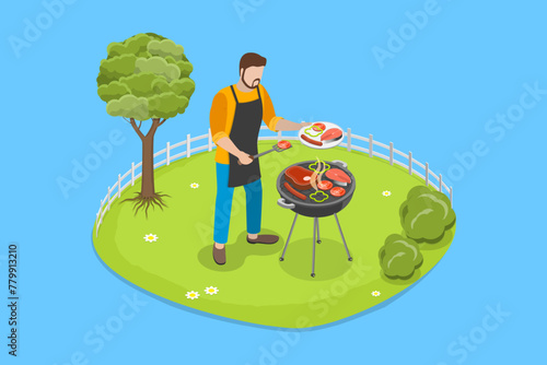 3D Isometric Flat Vector Illustration of Outdoor Activities, Grilled Meat and Vegetables
