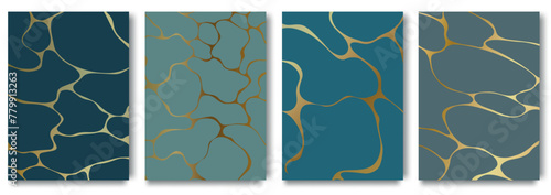   Japanese art of repairing broken pottery set of gold kintsugi poster design. Vector crack pattern for home prints, posters, wallpapers. Golden material of kintsugi restoration technique