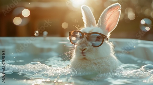 Playful White Rabbit with Glasses on Vibrant Solid Background © FU
