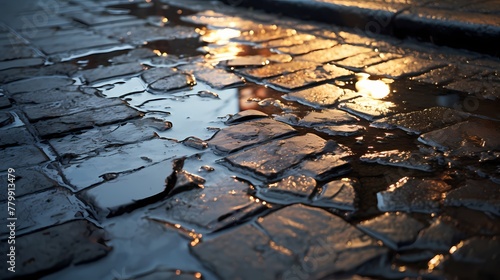 A close-up of a rain-soaked pavement, with puddles reflecting the surrounding textures