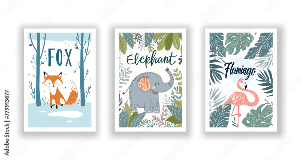 Wildlife and Nature Cards - Elephant, Flamingo, Fox, Hand drawn cute Fox flyer. Vector illustration Wildlife and Nature Cards - Elephant, Flamingo, Fox, Hand drawn cute Fox flyer. Vector illustration