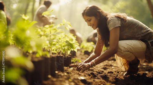 Indian female planting tree in the garden, environment friendly photo